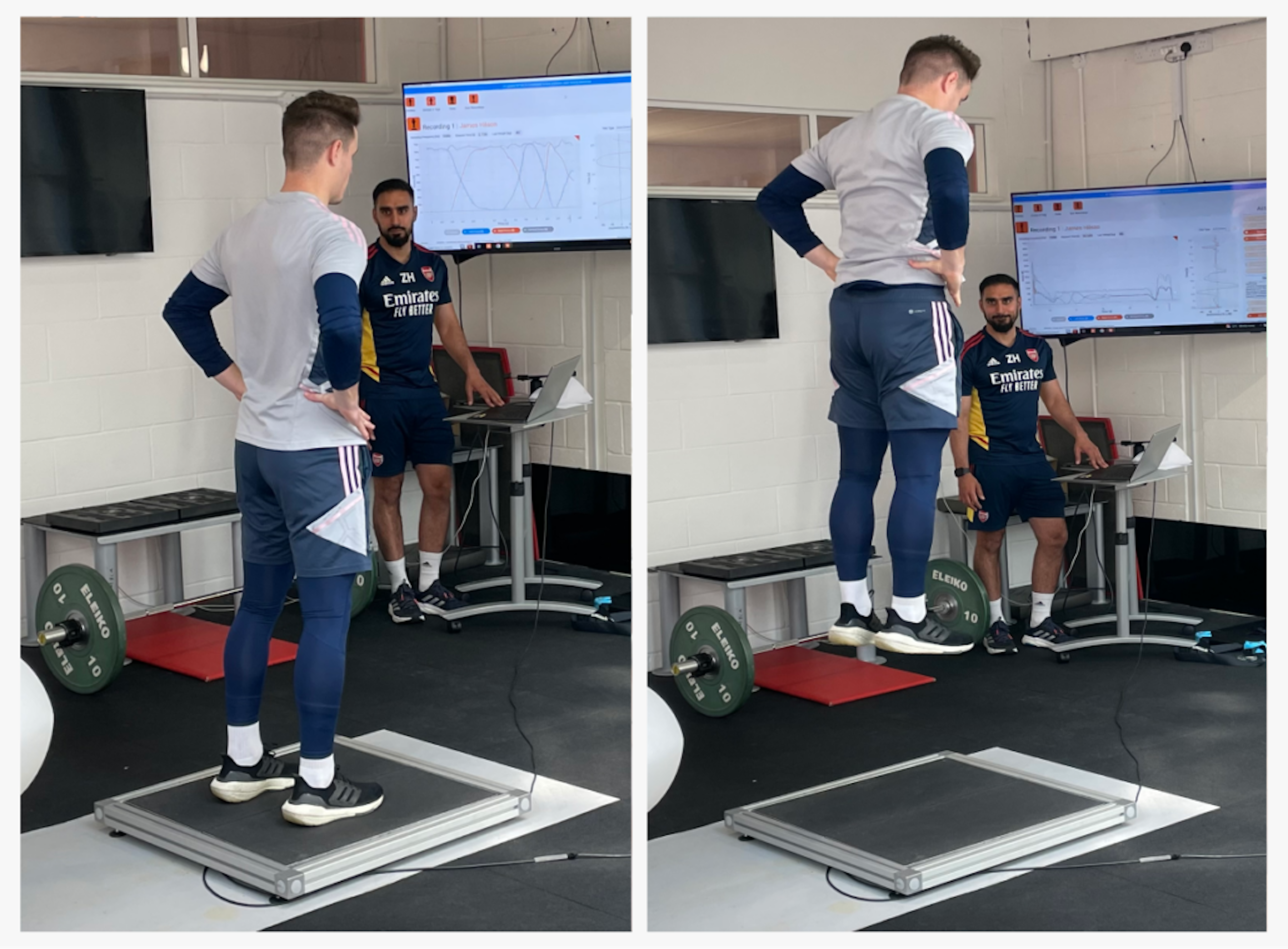 Physiotherapist Zubair Haleem conducting jump testing on ForceDecks at Arsenal F.C.