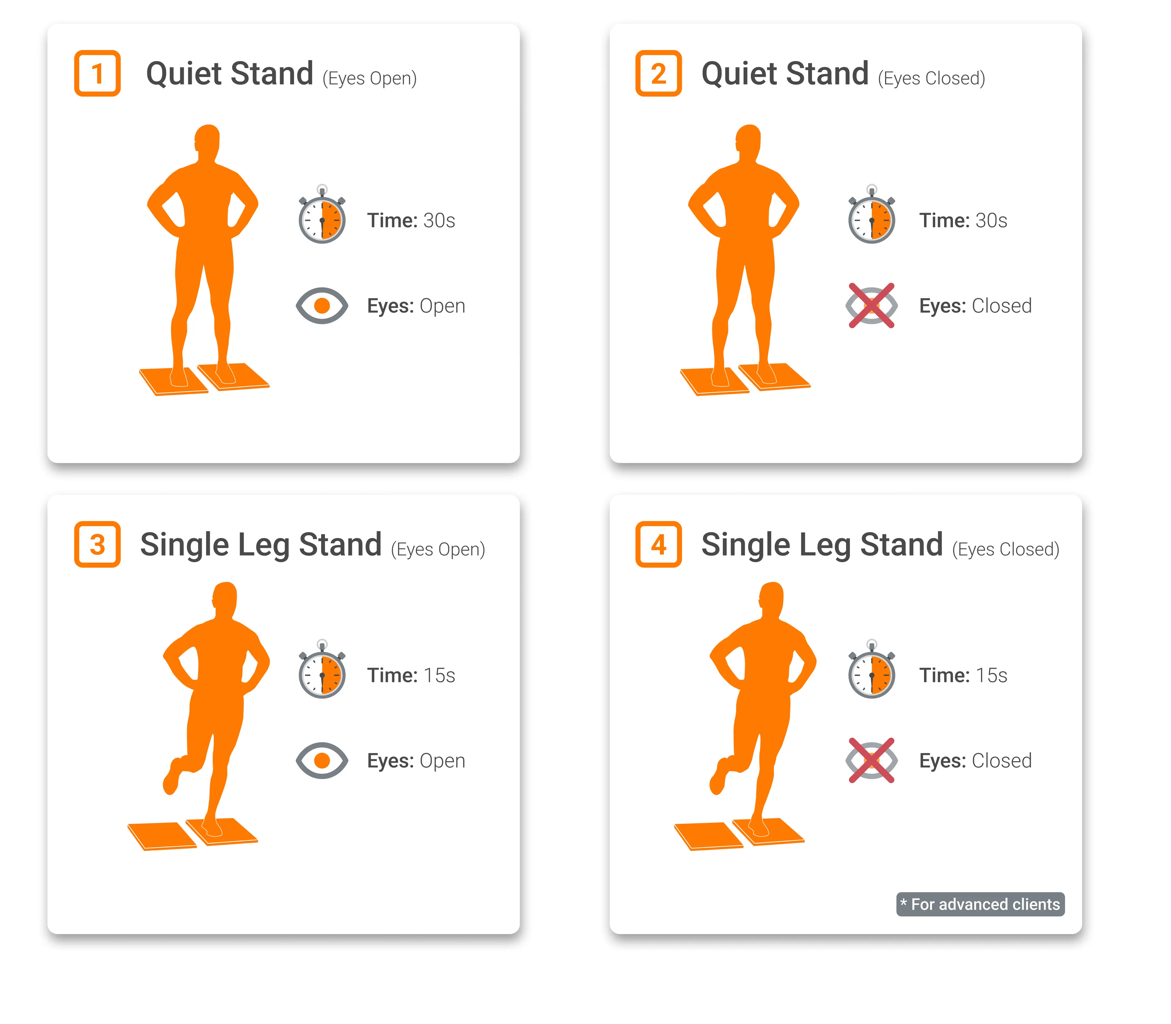A static balance assessment battery including a quiet stand (eyes open and closed) and a single leg stand (eyes open and eyes closed for advanced clients only).